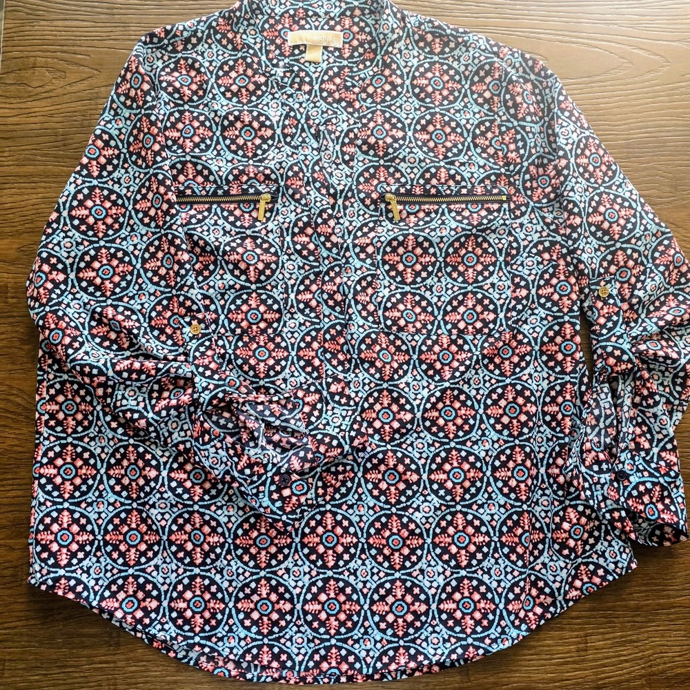Michael Kors Shirt Womens XL Geometric Zip Pockets Long Sleeve Top Blouse